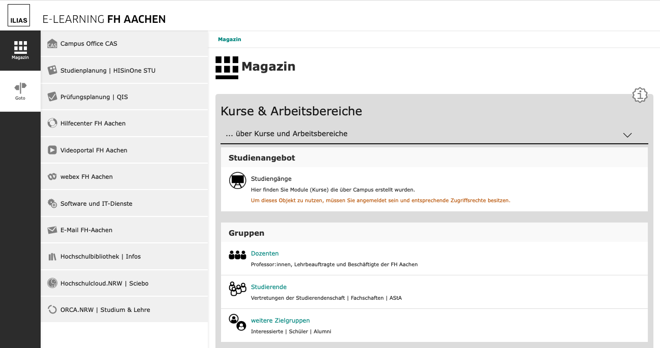 Screenshot ILIAS-Startseite "Magazin" – Logmit FH-Kennung über Navigation (oben rechts) 
